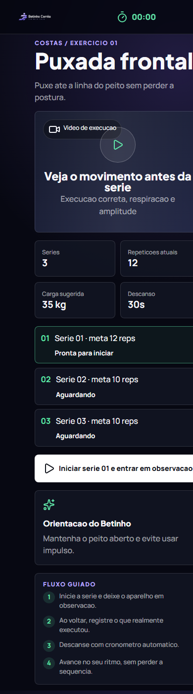Tela mobile do treino guiado do aluno